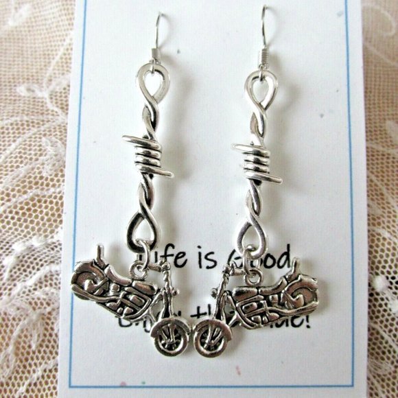 Barbed Wire & Motorcycle Charm Earrings on Life Is Good, Enjoy the Ride Card - Picture 1 of 4